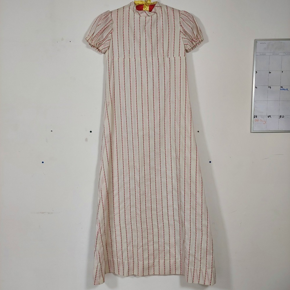 Vintage Pink Floral Stripe Maxi Dress Short Puff Sleeve Cottagecore Empire Waist